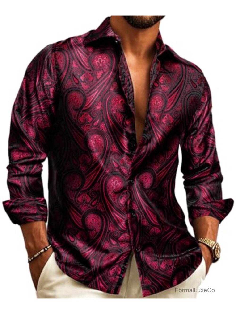 Mens Western Button Down Shirt Long Sleeve Silk Blend Jacquard Floral